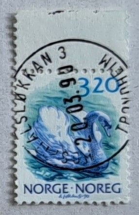 NK 1086. Norsk fauna III. Knoppsvane. Stemplet HOSPITALSLØKKAN 20.03.90