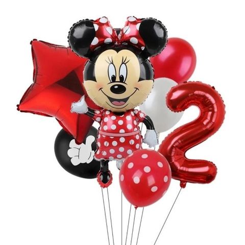 Ballongbukett: Stor Minnie mouse, 2 tall ballong, stjerne og vanlig ballonger