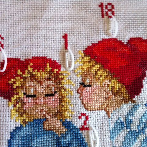 NY Julekalender NY brodert Jente og gutt pynter til jul 47 * 38 cm