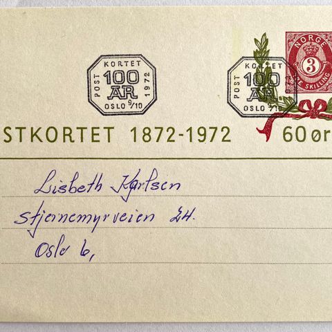 Norge 1972 Jubileumspostkort 100 år 1872-1972 Stemplet Oslo 9. 10. 1972