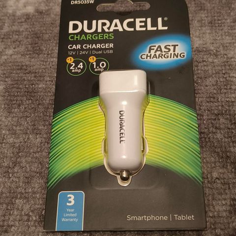 Car charger/bil lader Duracell-dual USB-NY