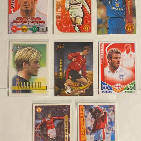 David Beckham fotballkort: 8 forskjellige Manchester United og England