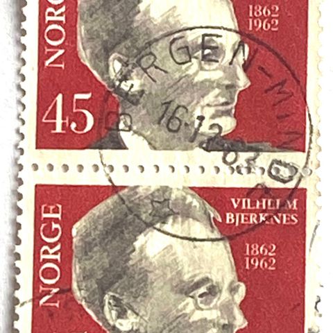 Norge 1962 Vilhelm Bjerknes To stk NK 506  Pent stempel: BERGEN MINDE 16.12.63