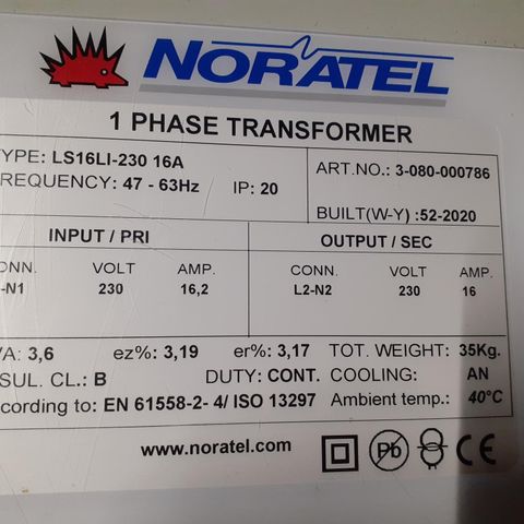 NORATEL 1 PHASE TRANSFORMER LS 16LI  - 230 16A 3,6 KVA RENAULT ZOE