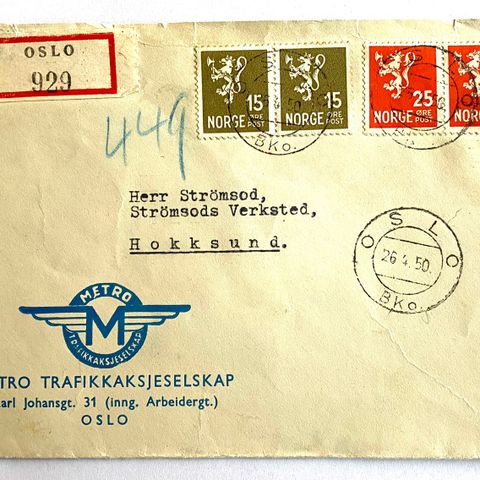 Norge 1950 Konvolutt med to NK 204 og to NK 354. Postsendt