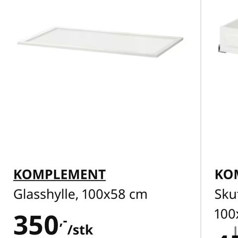 IKEA PAX Komplement glasshylle, hvit, 100 cm x 58 cm