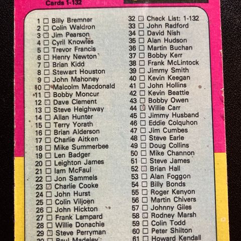 Topps 1975 Check list no 32 ukrysset fotballkort selges! Sjekkliste