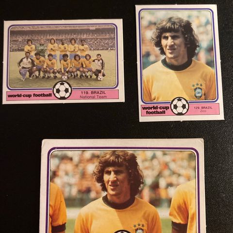 Rookie Zico Brasil Monty Gum fotballkort fra VM 1978 + to stk fra 1982
