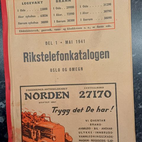 Rikstelefonkatalogen del 1 - Mai 1941. Oslo og Omegn.