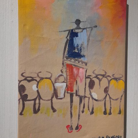 Philip O. Panford (Ghana),"Afrikansk melkebonde m/kuer", maleri
