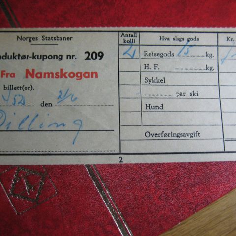 NSB Konduktørkupong nr 209 fra Namskogen  1964
