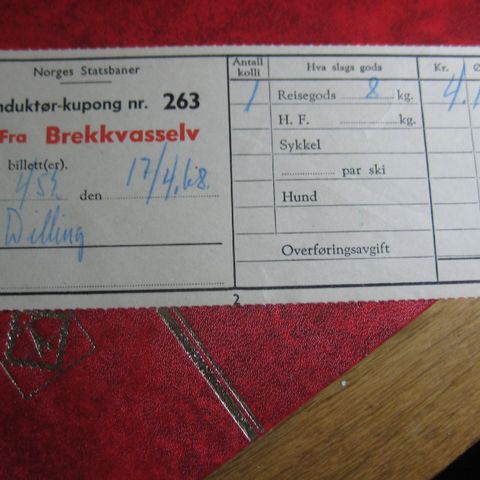 NSB Konduktørkupong nr 263 fra Brekkvasselv 1968