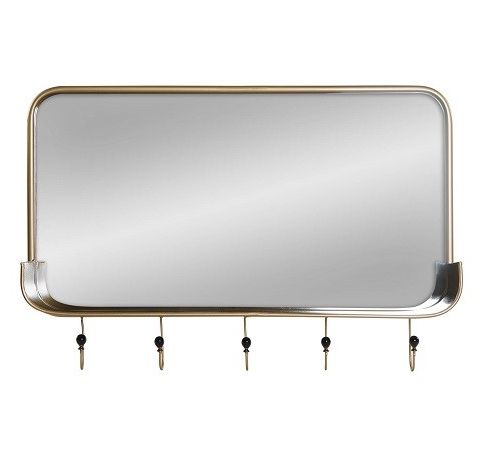 Speil med knagger - stort rektangulært gullspeil L=93 cm