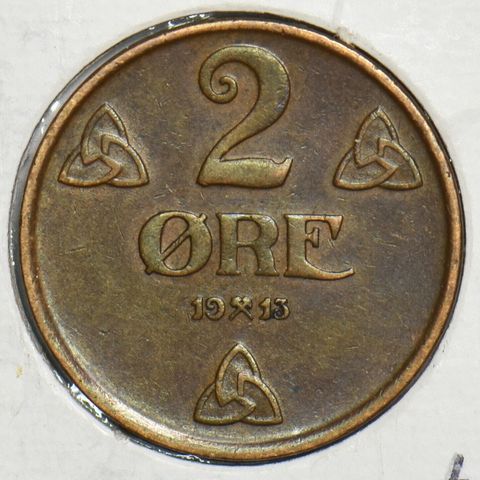 2 øre Norge 1913. Pen og tydelig bronse-mynt, 21 mm. diam.