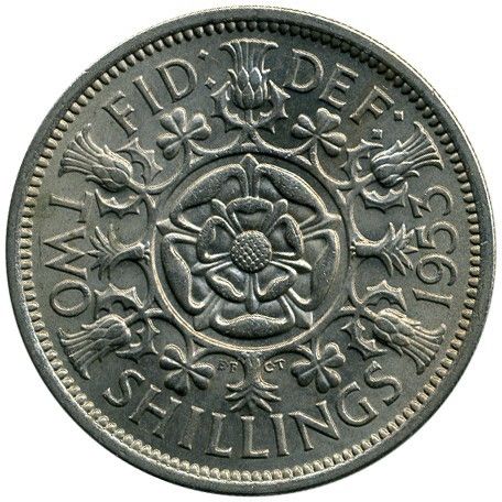 2 shillings UK 1953. Meget tydelig  kobber-nikkel mynt. Pen mynt.