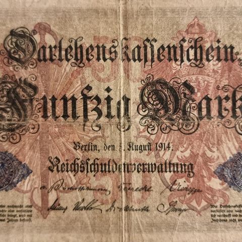 Tysk 50 Mark seddel 5 August 1914