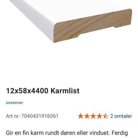 Karmlist 4,4m - klassisk hvit