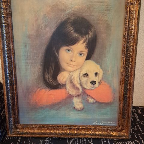Maleri (trykk) av Louis Shabner Girl puppy in love.