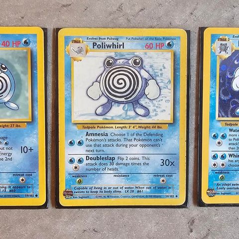 Pokemon kort: Poliwag 59/102, Poliwhirl 38/102 og Polywrath 15/130  Gen 1