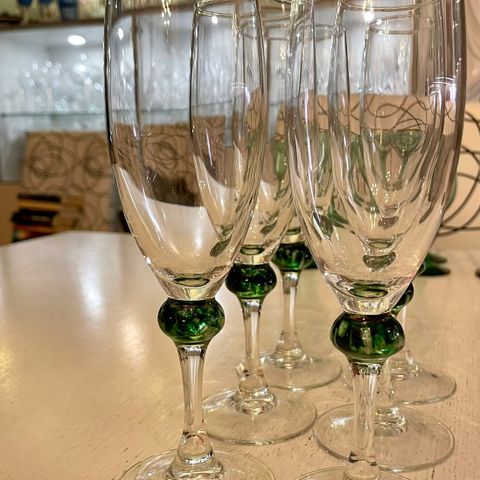 6 stk champagneglass med grønn mosaikk boble-stett, vintage Franske Luminarc