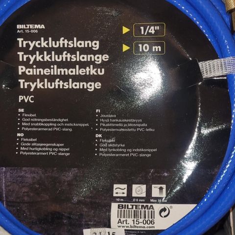 Trykkluftslange, PVC, 10 m