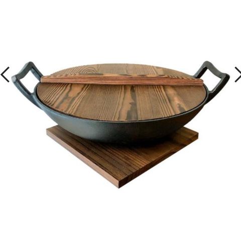 Satake støpejerns wok 36 cm m/glasslokk og trelokk