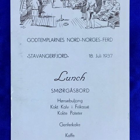 N.A.L - S/S «Stavangerfjord» . 1937 Lunch Menu  Nord-Norges-Ferd