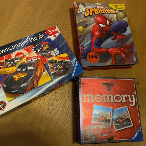 Spill og puslespill for gutt ca 5 år og oppover. Spiderman og Cars