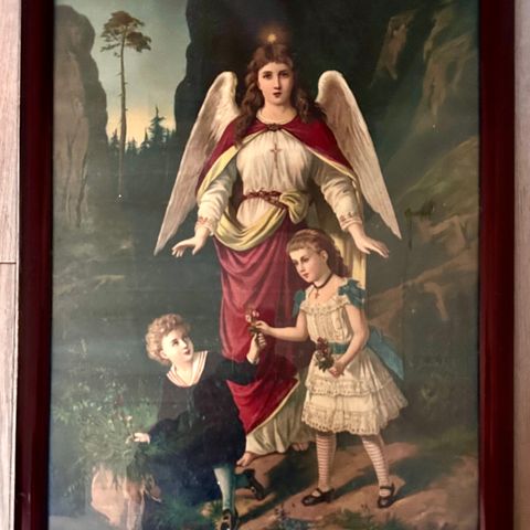Bilde med Viktoriansk motiv.  Engel som vokter over to barn.