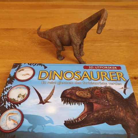 Fantastisk bok om dinosaurer og en Schleich dinosaur.