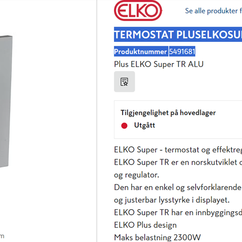 TERMOSTAT PLUSELKOSUPERTR ALU 5303 ELKO AS Produktnummer 5491681