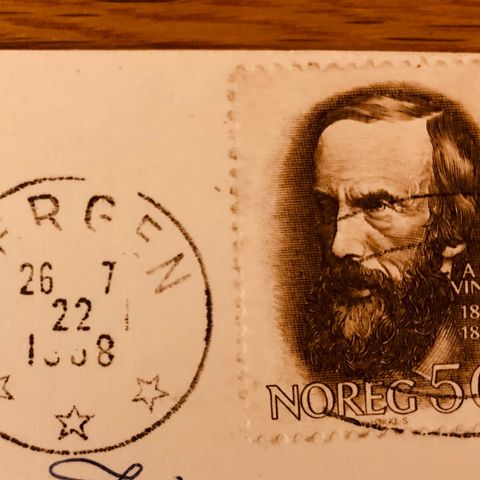 Frimerke på kort. Norge 50. A O VINJE 1818 1870 (1968). Vintage.