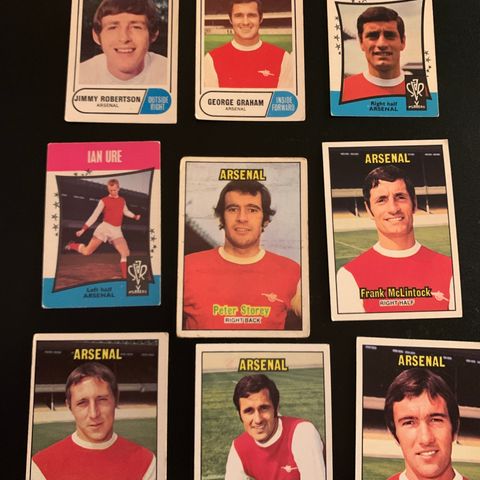 9 stk Arsenal FC A&BC fotballkort fra 1967 - 1970 Sjeldne!