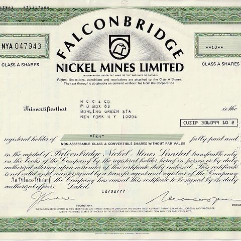 AKSJEBREV . FALCONBRIDGE NICKEL  MINES  LIMITED  (  USA/NORGE)