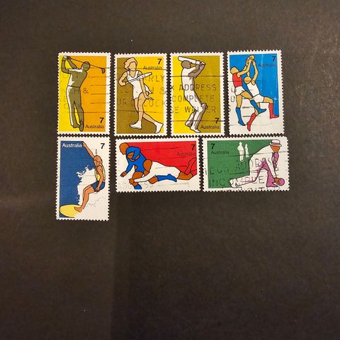 7 forskjellige frimerker med sport fra Australia