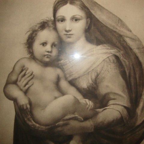 Raphaels Madonna med Jesusbarnet, stort trykk i glass og ramme, 1800-talls