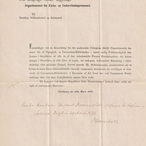 Skriv fra Den Kongelige  Norske Regjering 1871