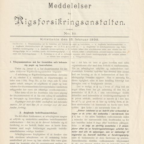 Skriv fra Riksforsikringsanstalten 1898.