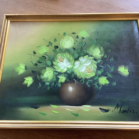 Oljemaleri på lerret Gullramme  Signert Mantis- 36x46  cm Blomster Vintage Retro