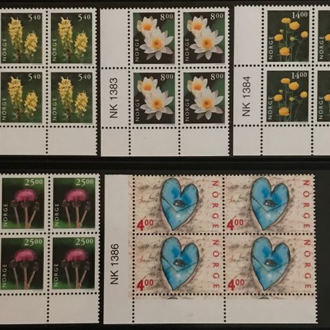 Norge frimerker postfrisk, nk 1382-1386, Norsk Flora IV og Valentins dag
