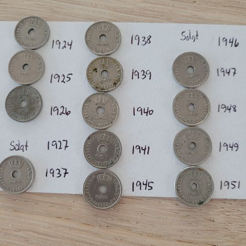 10 ører Norge, 1924, 25, 26, 37, 38, 39, 40, 41, 45, 47, 48, 49, 51.