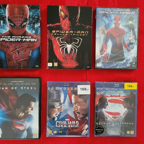 6 stk. Spider-man og Batman filmer selges samlet. 2. stk. Blu-ray uåpnet i plast