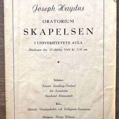 Program for Joseph Haydns Oratorium Skapelsen i Universitets Aula 1944