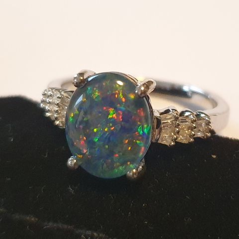 Boulder Opal Triplet & Diamanter Diamonds Platinum Plated Sølv 925 Ring Str.58