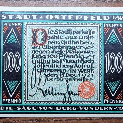 Tysk (Osterfeld) 100 Pfennig (1921) Nødseddel