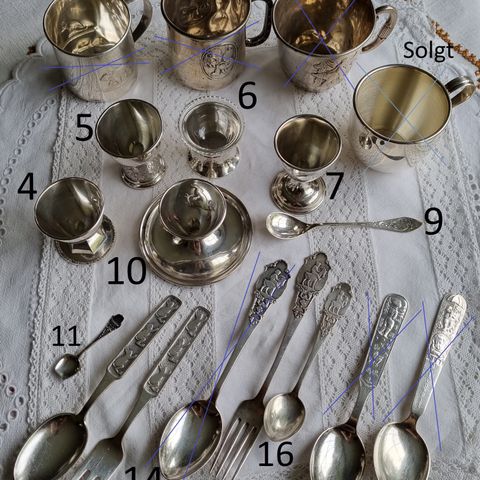 Sølv kopp, krus, eggeglass, eggbeger, sølv skje, gaffel til barn, barnebestikk