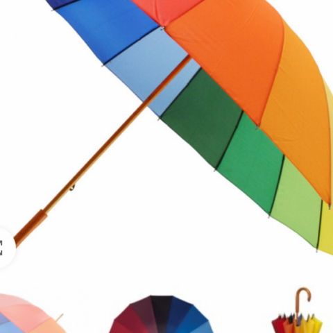 Regnbue paraply med brunt trehåndtak