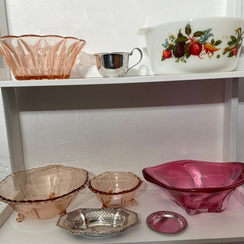 Vintage glassboller, skål, dropsskål, bordskåner, kopp, sølvplett