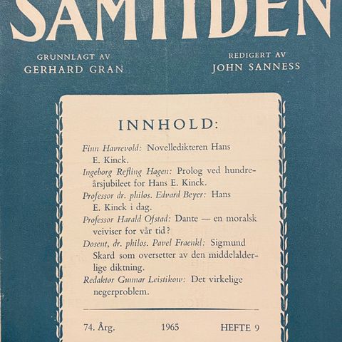 Samtiden 9:1965. Flere artikler om Hans E. Kinck.