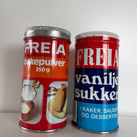 Freia Vaniljesukker og Freia Bakepulver oppbevaringsboks (mangler 1 lokk)